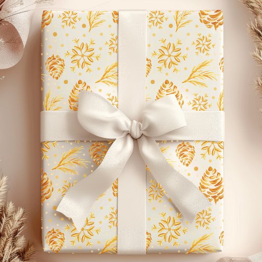 Gold Rustic Pine Cone Holiday Kerstmis Cadeaupapier