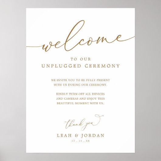 Gold Rustic Unplugged Wedding Ceremony Sign Poster (Voorkant)