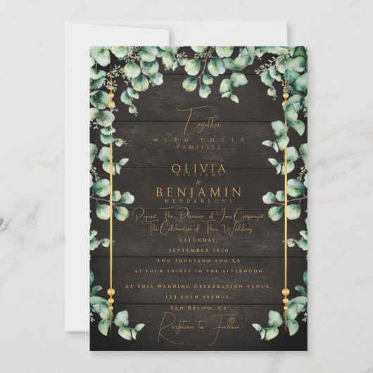 Gold Rustic Wood & Eucalyptus greenery Wedding Inv Kaart (Voorkant)