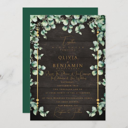 Gold Rustic Wood & Eucalyptus greenery Wedding Inv Kaart (Voorkant / Achterkant)