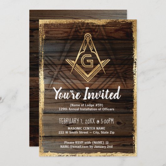 Gold Rustic Wood Masonic Invitations | Freemasonie Kaart (Voorkant / Achterkant)