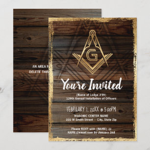 Gold Rustic Wood Masonic Invitations   Freemasonie Kaart
