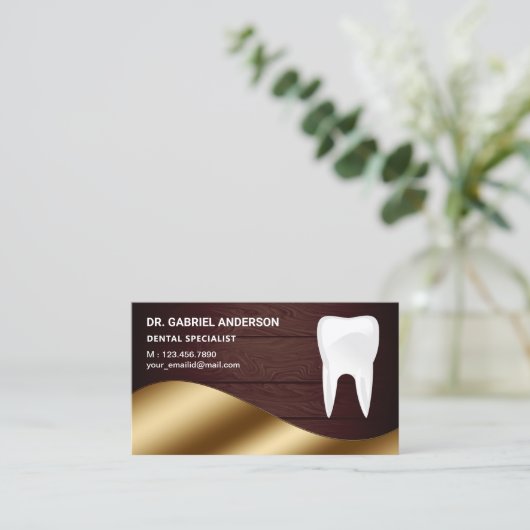Gold Rustic Wood Tand Tandheelkundige kliniek Tand Visitekaartje (Staand voorkant)