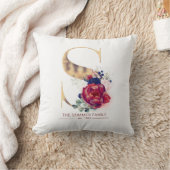 Gold S Monogram Floral Burgundy Red en Navy Blue Kussen (Deken)