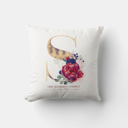 Gold S Monogram Floral Burgundy Red en Navy Blue Kussen (Voorkant)