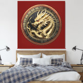 Gold Sacred Eastern Dragon Medallion Canvas Afdruk (Insitu (Slaapkamer))