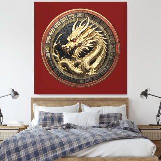 Gold Sacred Eastern Dragon Medallion Canvas Afdruk