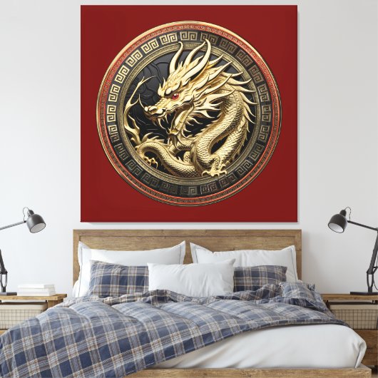 Gold Sacred Eastern Dragon Medallion Canvas Afdruk (Insitu (Slaapkamer))