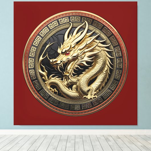 Gold Sacred Eastern Dragon Medallion Canvas Afdruk (Insitu (Houten vloer))