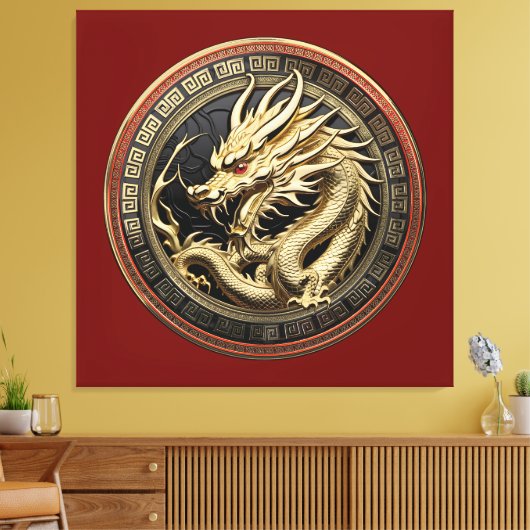 Gold Sacred Eastern Dragon Medallion Canvas Afdruk (Insitu (Woonkamer))