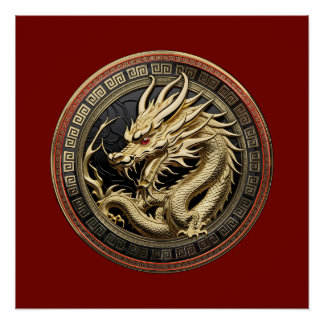 Gold Sacred Eastern Dragon Medallion Perfect Poster