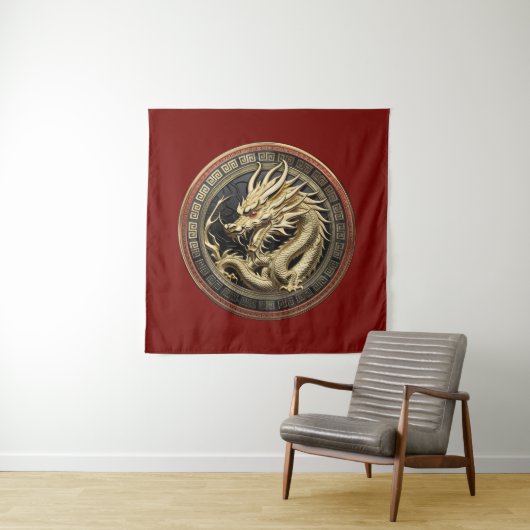 Gold Sacred Eastern Dragon Medallion Wandkleed (In situ)
