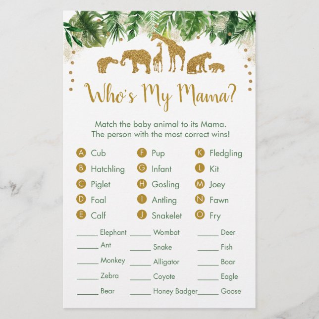 Gold Safari Animal Baby Match Game (Voorkant)