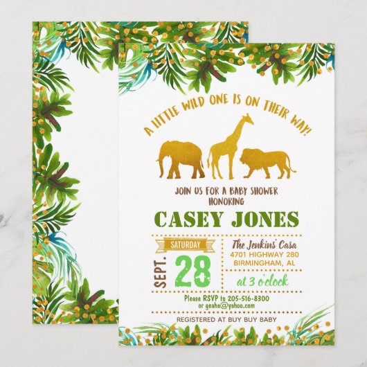 Gold Safari Animal Baby shower Invitation Kaart (Voorkant / Achterkant)