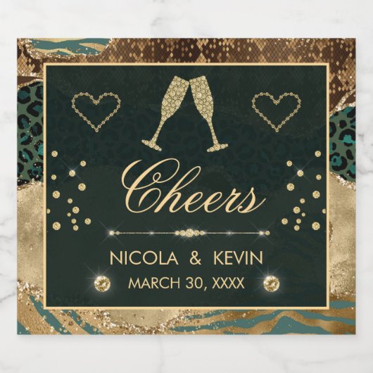 Gold Safari Animal Print Glitter Agate Wedding Sparkling Wijnetiket (Enkel label)