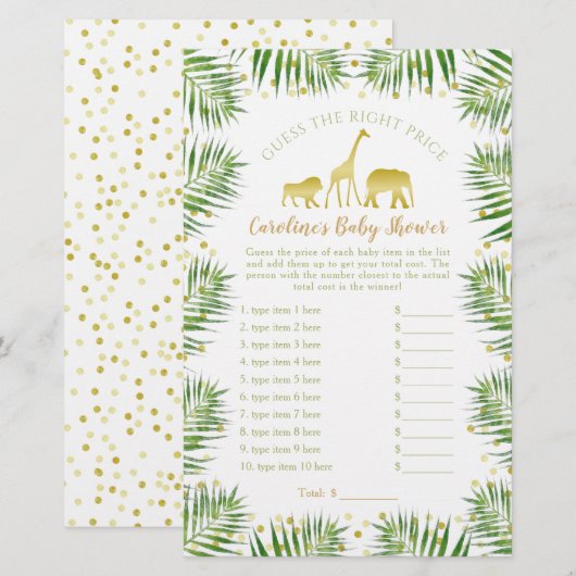 Gold Safari Animals Baby shower raad prijsspel (Voorkant / Achterkant)