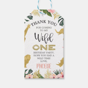 Gold Safari Animals Floral Wild One Birthday Label Cadeaulabel
