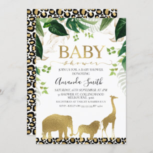 Gold Safari Animals Foliage Baby shower Invitation Kaart