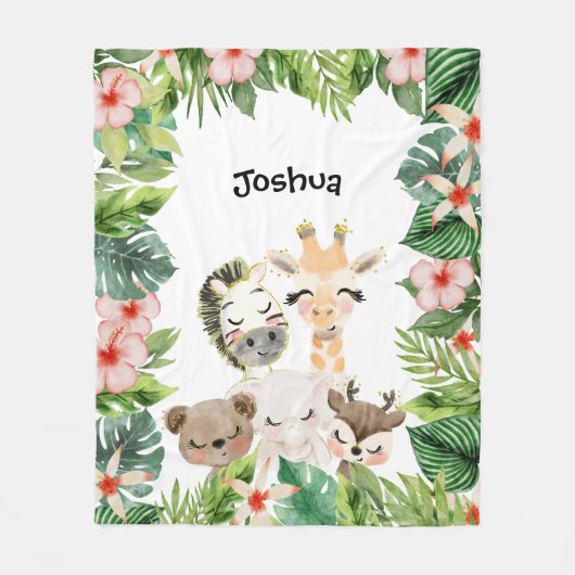 Gold Safari Friends | Waterverf Floral Greenery Fleece Deken (Voorkant)