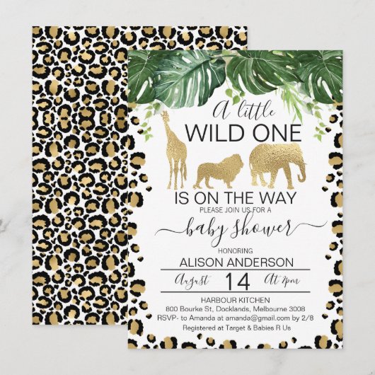 Gold Safari Leopard Skin Baby shower Invitation Kaart (Voorkant / Achterkant)