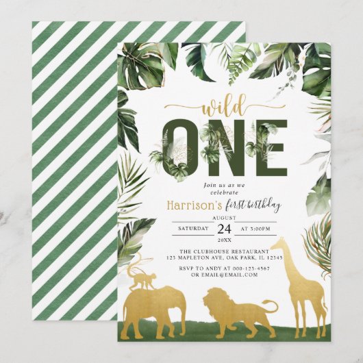 Gold Safari Oerwoud Animals Wild One First Birthda Kaart (Voorkant / Achterkant)
