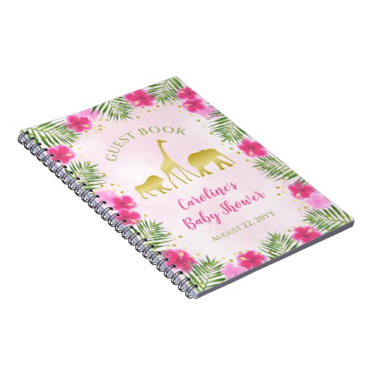 Gold Safari Pink Floral Baby Shower Guest Book Notitieboek (Rechterzijde)