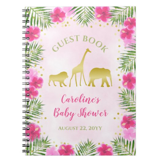 Gold Safari Pink Floral Baby Shower Guest Book Notitieboek (Voorkant)