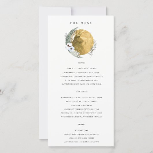 Gold Saga Green Floral Wreath Wedding Menu Kaart (Voorkant)