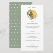 Gold Saga Green Floral Wreath Wedding Menu Kaart (Voorkant / Achterkant)