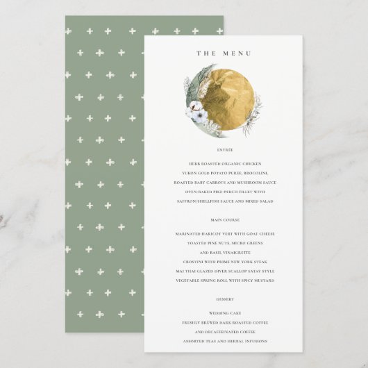 Gold Saga Green Floral Wreath Wedding Menu Kaart (Voorkant / Achterkant)