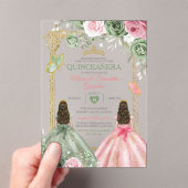 Gold Sage Green en Pink Twin Quinceañera Acryl Uitnodigingen (Insitu (Draagbaar))