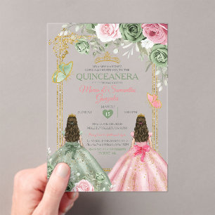 Gold Sage Green en Pink Twin Quinceañera Acryl Uitnodigingen