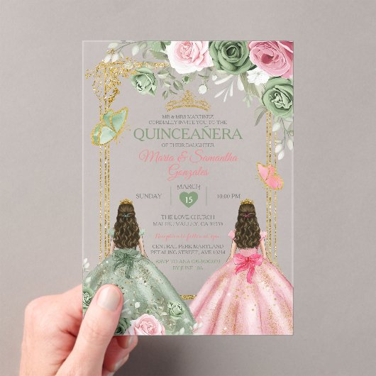 Gold Sage Green en Pink Twin Quinceañera Acryl Uitnodigingen (Insitu (Draagbaar))