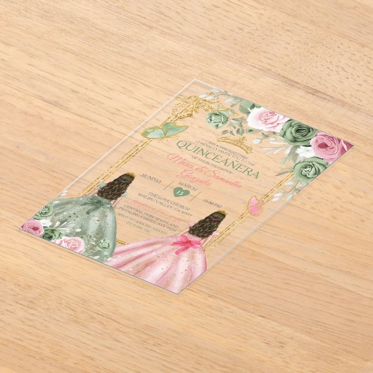 Gold Sage Green en Pink Twin Quinceañera Acryl Uitnodigingen (Laagn)
