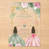 Gold Sage Green en Pink Twin Quinceañera Acryl Uitnodigingen (Voorkant)