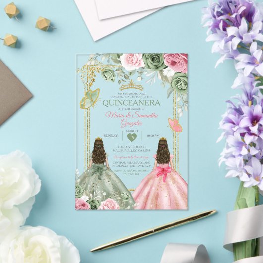 Gold Sage Green en Pink Twin Quinceañera Acryl Uitnodigingen (Insitu (Huwelijk))