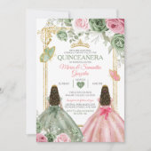 Gold Sage Green en Pink Twin Quinceañera Kaart (Voorkant)