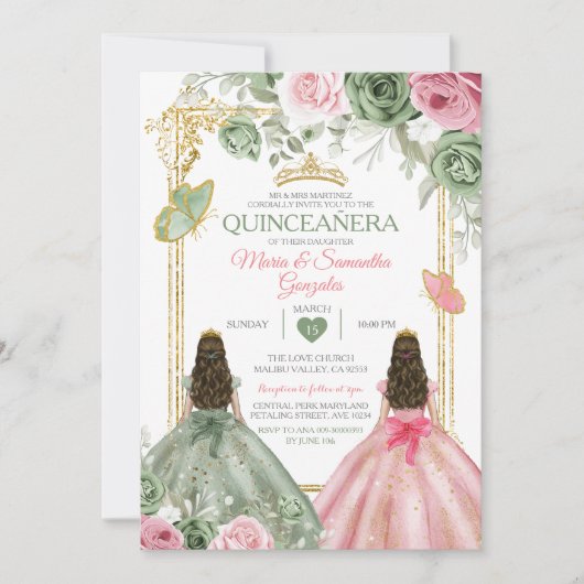Gold Sage Green en Pink Twin Quinceañera Kaart (Voorkant)