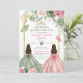 Gold Sage Green en Pink Twin Quinceañera Kaart (Staand voorkant)