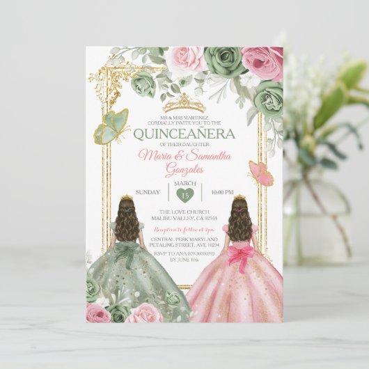 Gold Sage Green en Pink Twin Quinceañera Kaart (Staand voorkant)