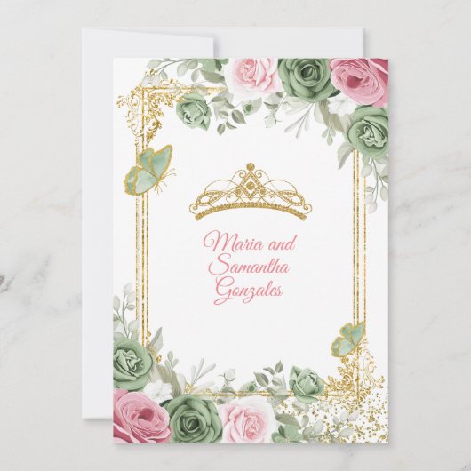 Gold Sage Green en Pink Twin Quinceañera Kaart (Achterkant)
