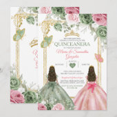 Gold Sage Green en Pink Twin Quinceañera Kaart (Voorkant / Achterkant)