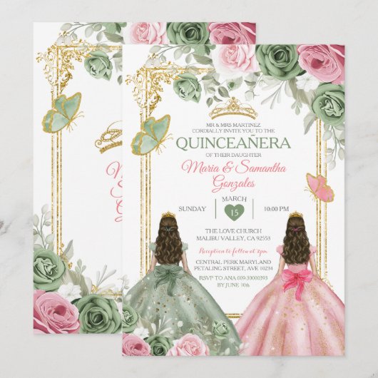 Gold Sage Green en Pink Twin Quinceañera Kaart (Voorkant / Achterkant)