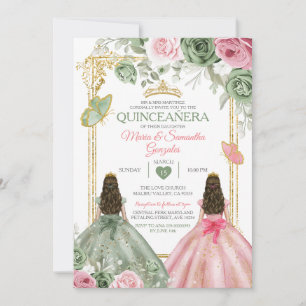 Gold Sage Green en Pink Twin Quinceañera Kaart