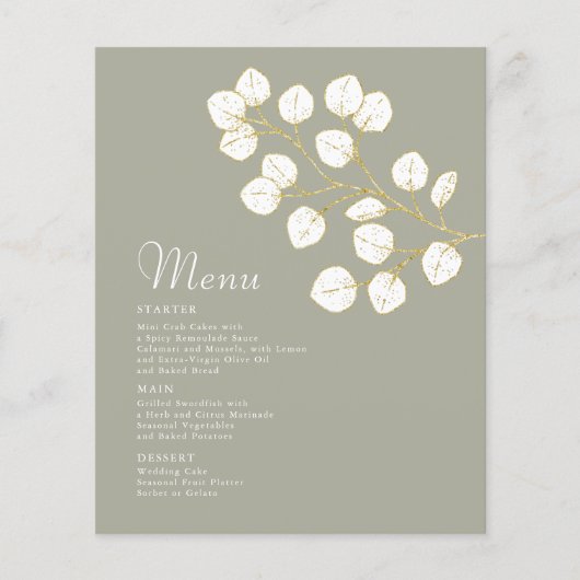 Gold Sage Green Eucalyptus Leaves Wedding Menu (Voorkant)