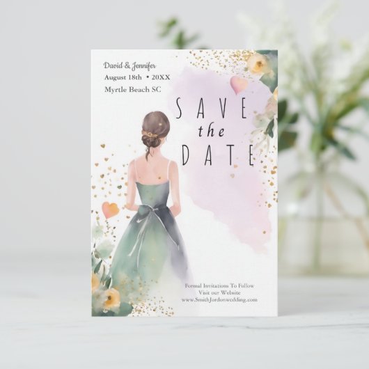 Gold Sage Green Eucalyptus Save The Date (Staand voorkant)