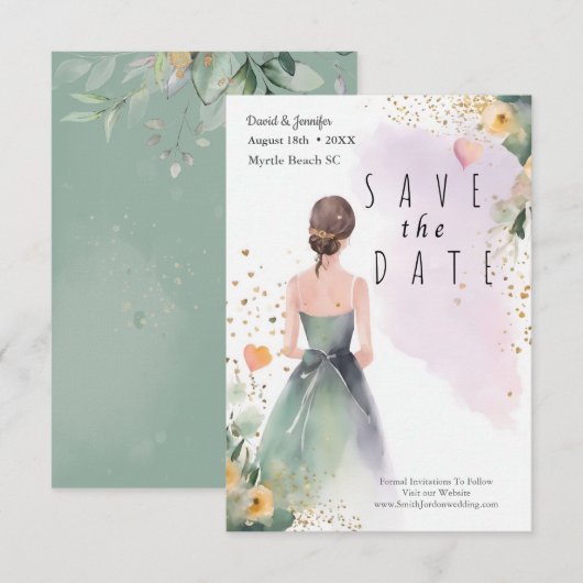 Gold Sage Green Eucalyptus Save The Date (Voorkant / Achterkant)
