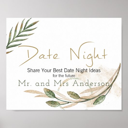 Gold Sage Green Floral Date Night Sign Poster (Voorkant)