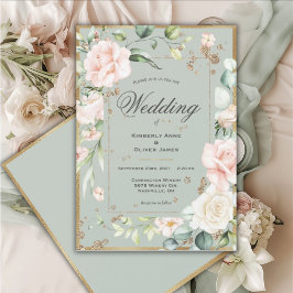 Gold Sage Green Floral Wedding Kaart