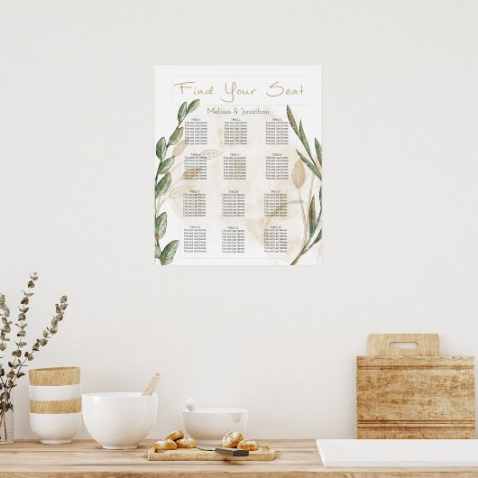 Gold Sage Green Floral Wedding Seating Chart Poster (Keuken)